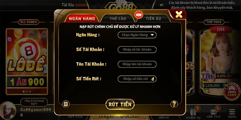 Lựa chọn nạp rút tiền Go88 qua phương thức ngân hàng